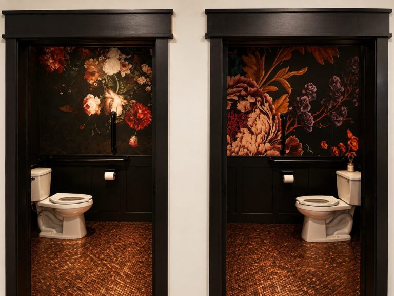 The Square Bagel Co. restrooms with floral murals and penny tile floors