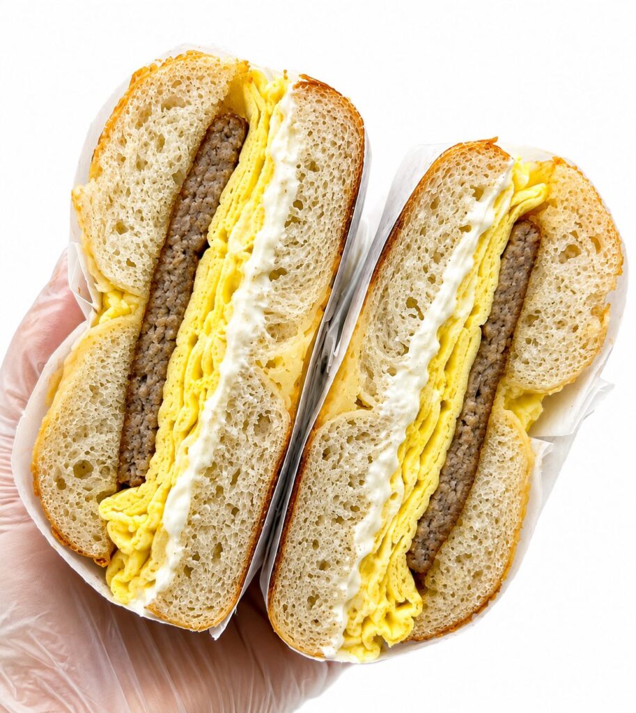 A breakfast bagel sandwich cut in half