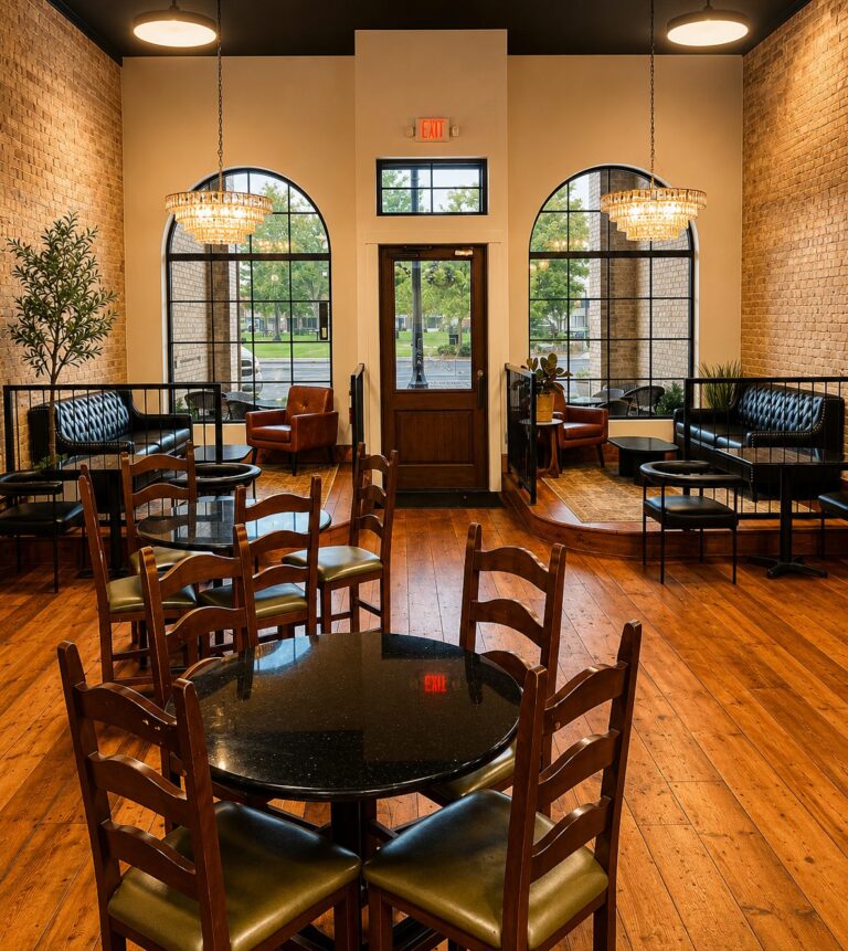 Dining tables against exposed brick inside The Square Bagel Co.