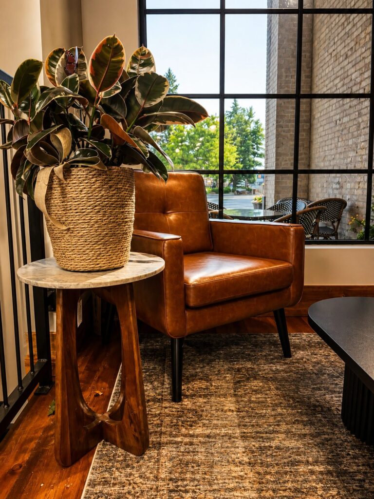 Cognac leather club chair in a cozy corner
