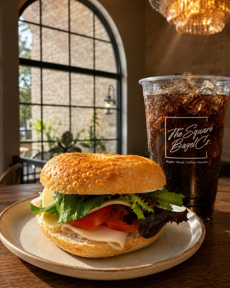 A bagel sandwich and iced coffee at the window seat